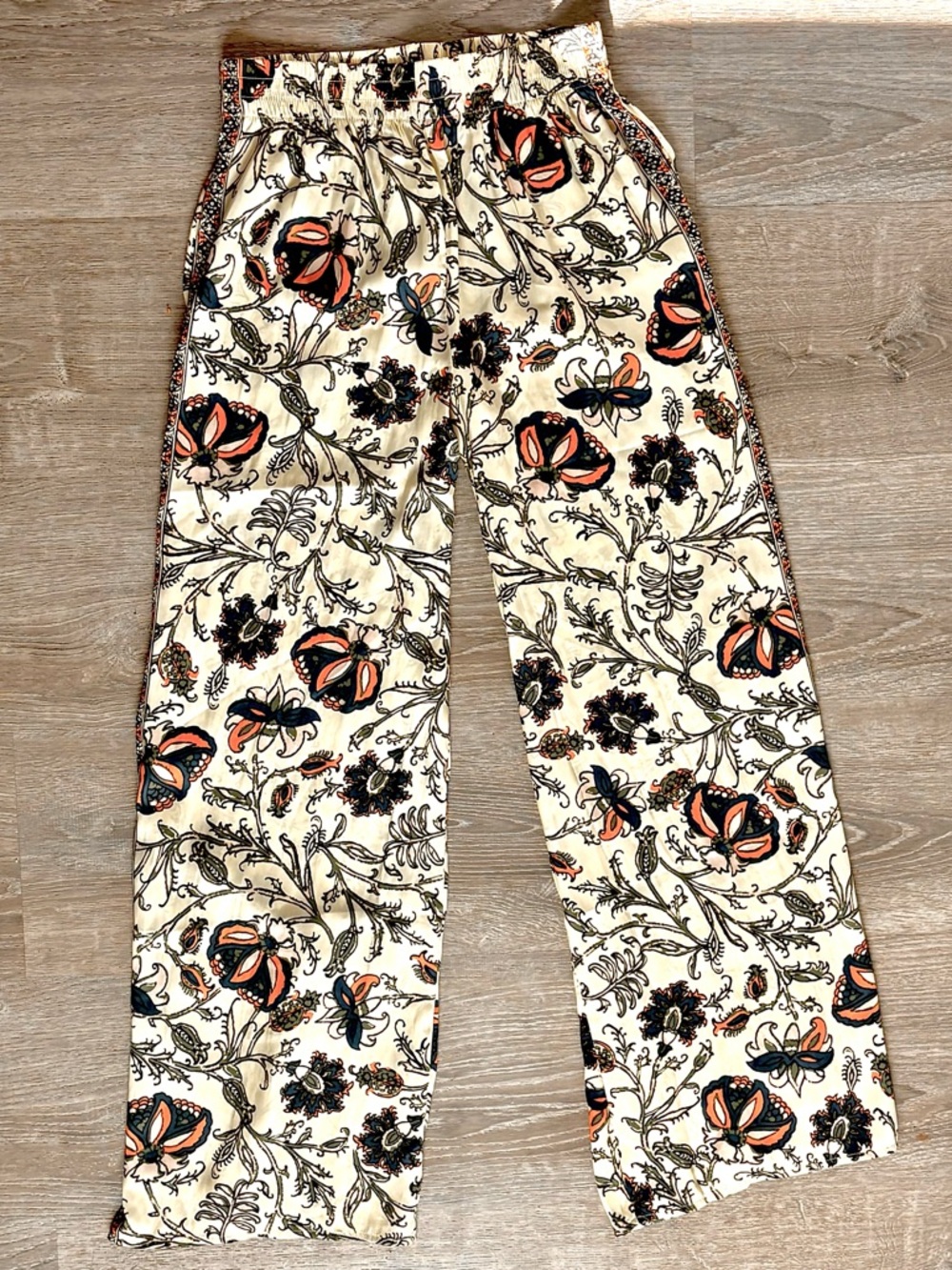 Floral Print Silky Wide-Leg Pants - Cream & Blue with Orange Accents